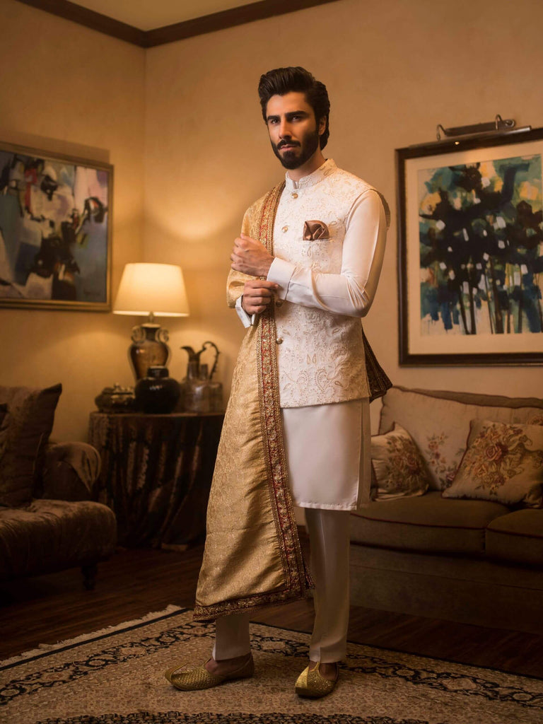 Ivory Embossed Sequin Silk-Blend Waistcoat Kurta (3-Piece) - Image 1