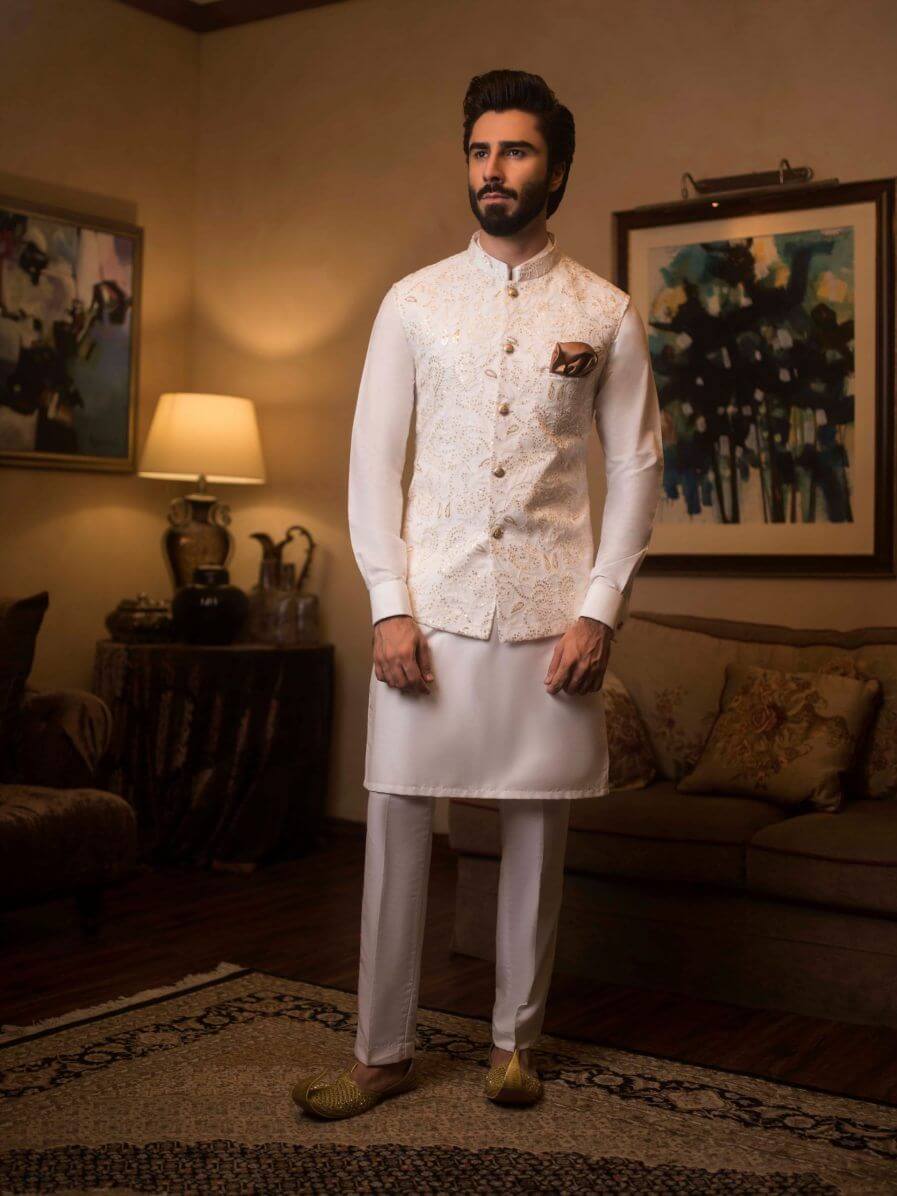 Ivory Embossed Sequin Silk-Blend Waistcoat Kurta (3-Piece) - Image 3