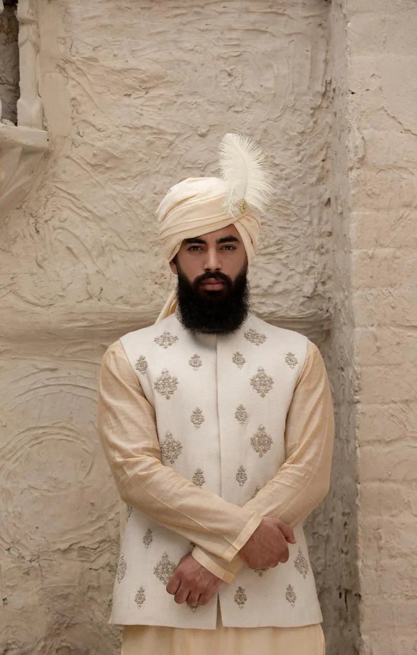 Off-White Embroidered Silk-Blend Waistcoat Kurta (3-Piece) - Image 1