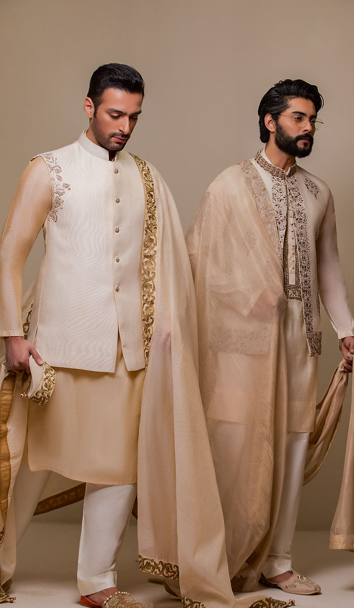 Ivory Gold Embroidered Silk-Blend Waistcoat Kurta (3-Piece) - Image 1