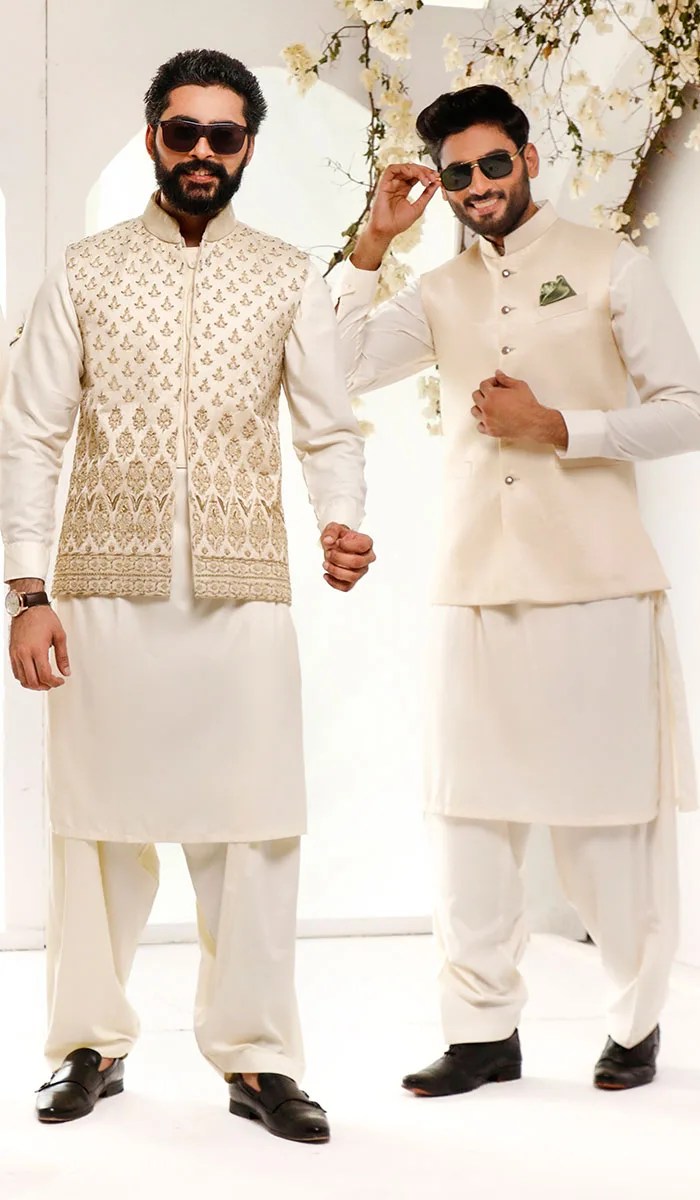 Ivory Embroidered Silk-Blend Waistcoat Kurta (3-Piece) - Image 1
