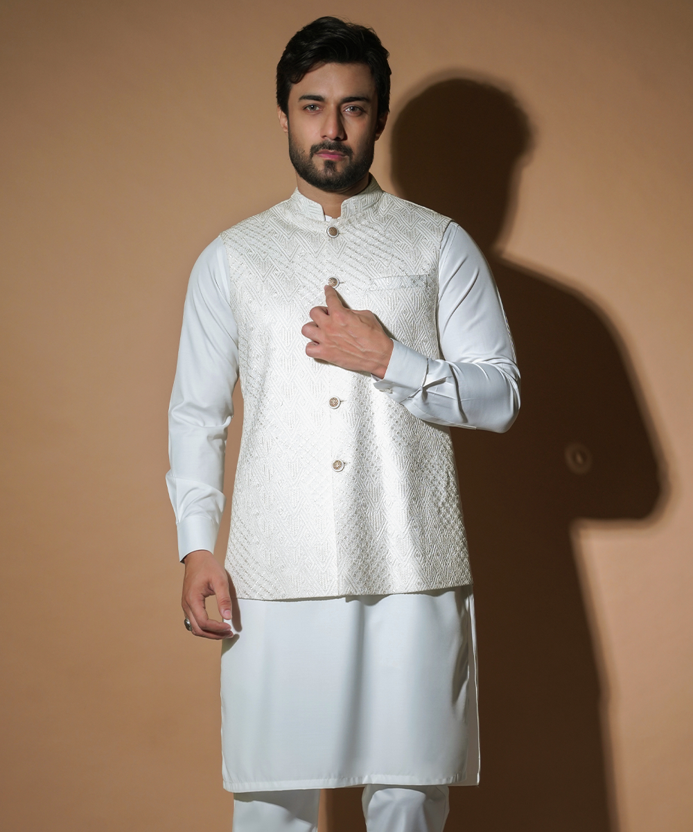 Off-White Geometric Embroidered Silk-Blend Waistcoat Kurta (3-Piece) - Image 1