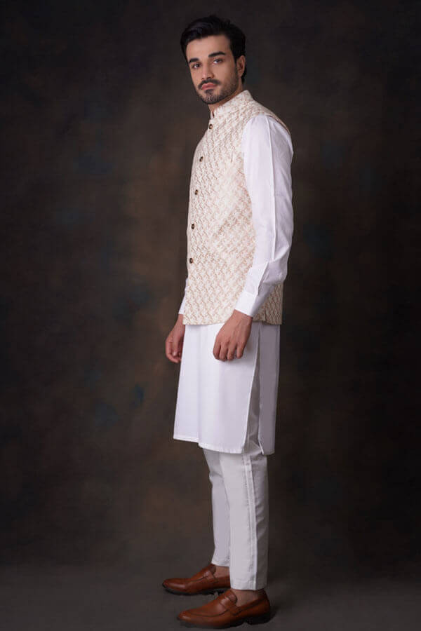 Cream Embroidered Silk-Blend Waistcoat Kurta (3-Piece) - Image 4