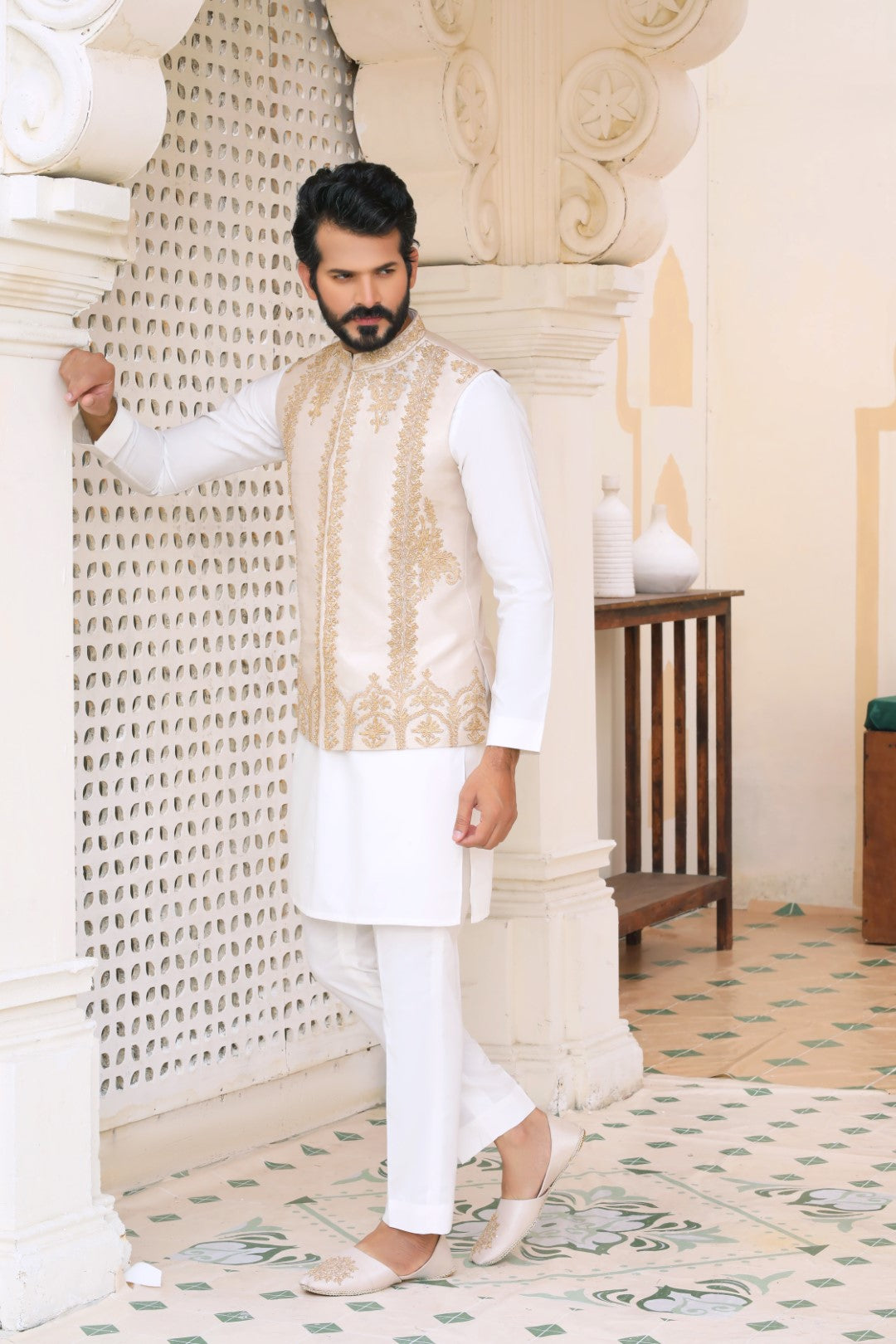 Ivory Gold Embroidered Silk-Blend Waistcoat (3-Piece) - Image 3
