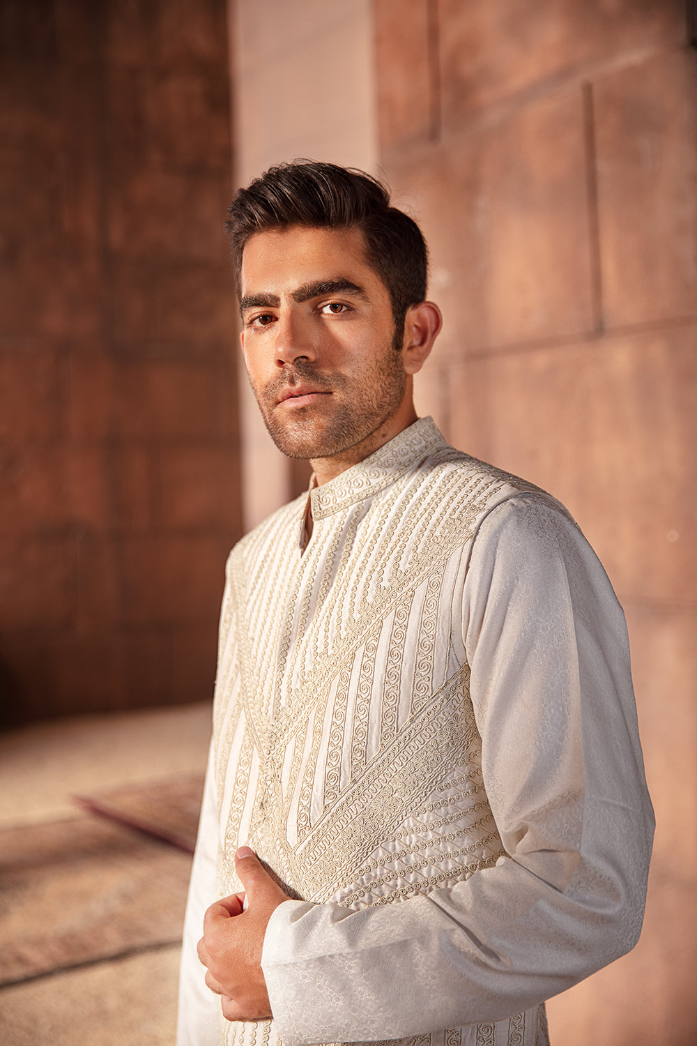 Ivory Embroidered Silk-Blend Waistcoat Kurta (3-Piece) - Image 1