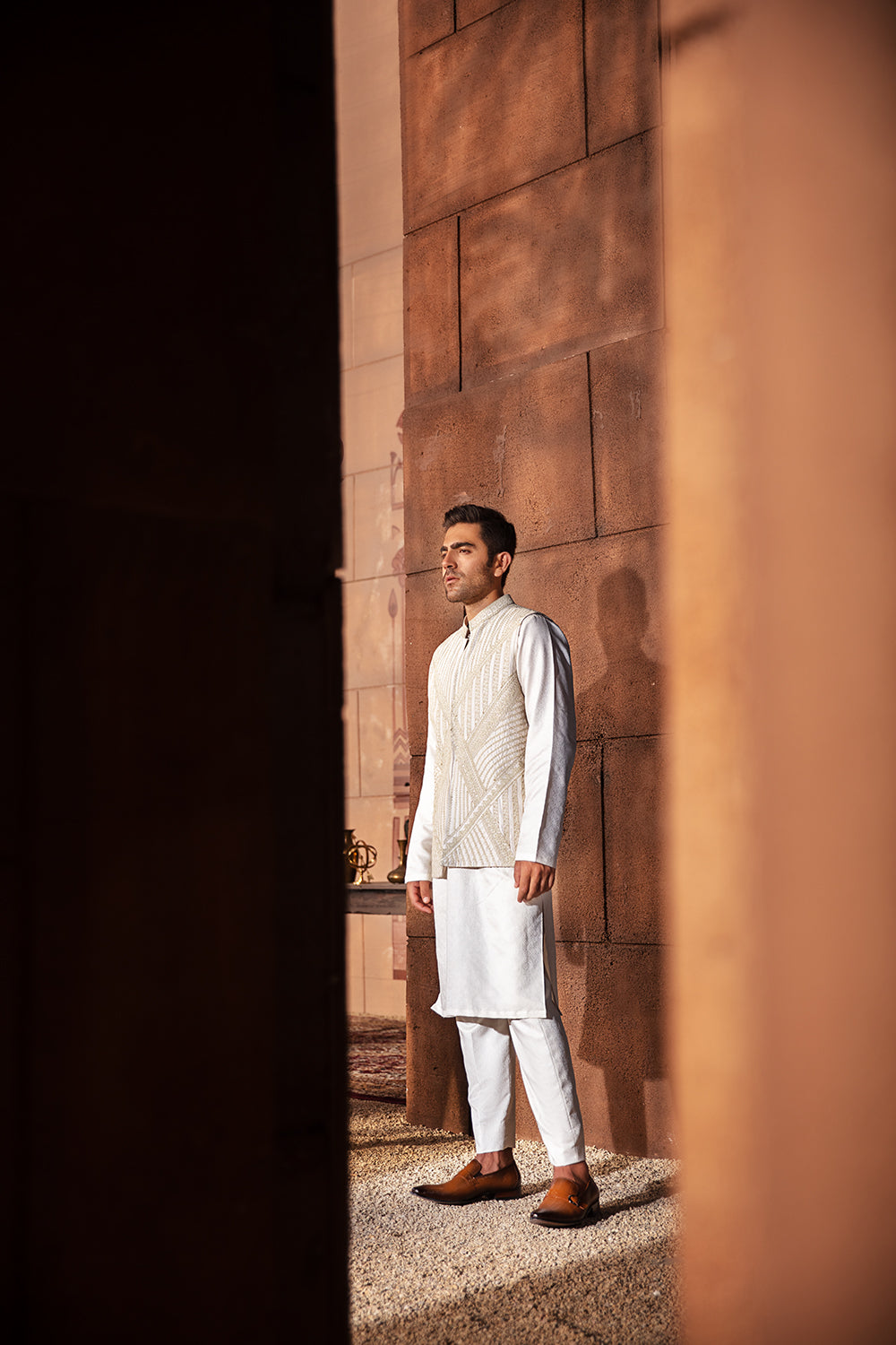 Ivory Embroidered Silk-Blend Waistcoat Kurta (3-Piece) - Image 2