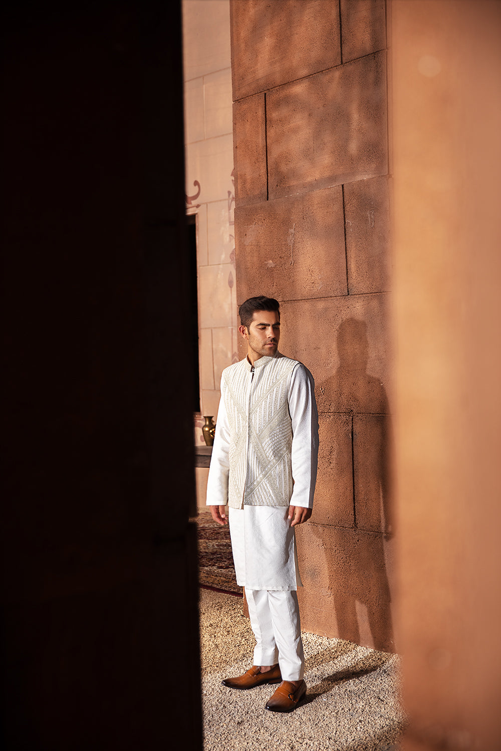 Ivory Embroidered Silk-Blend Waistcoat Kurta (3-Piece) - Image 3