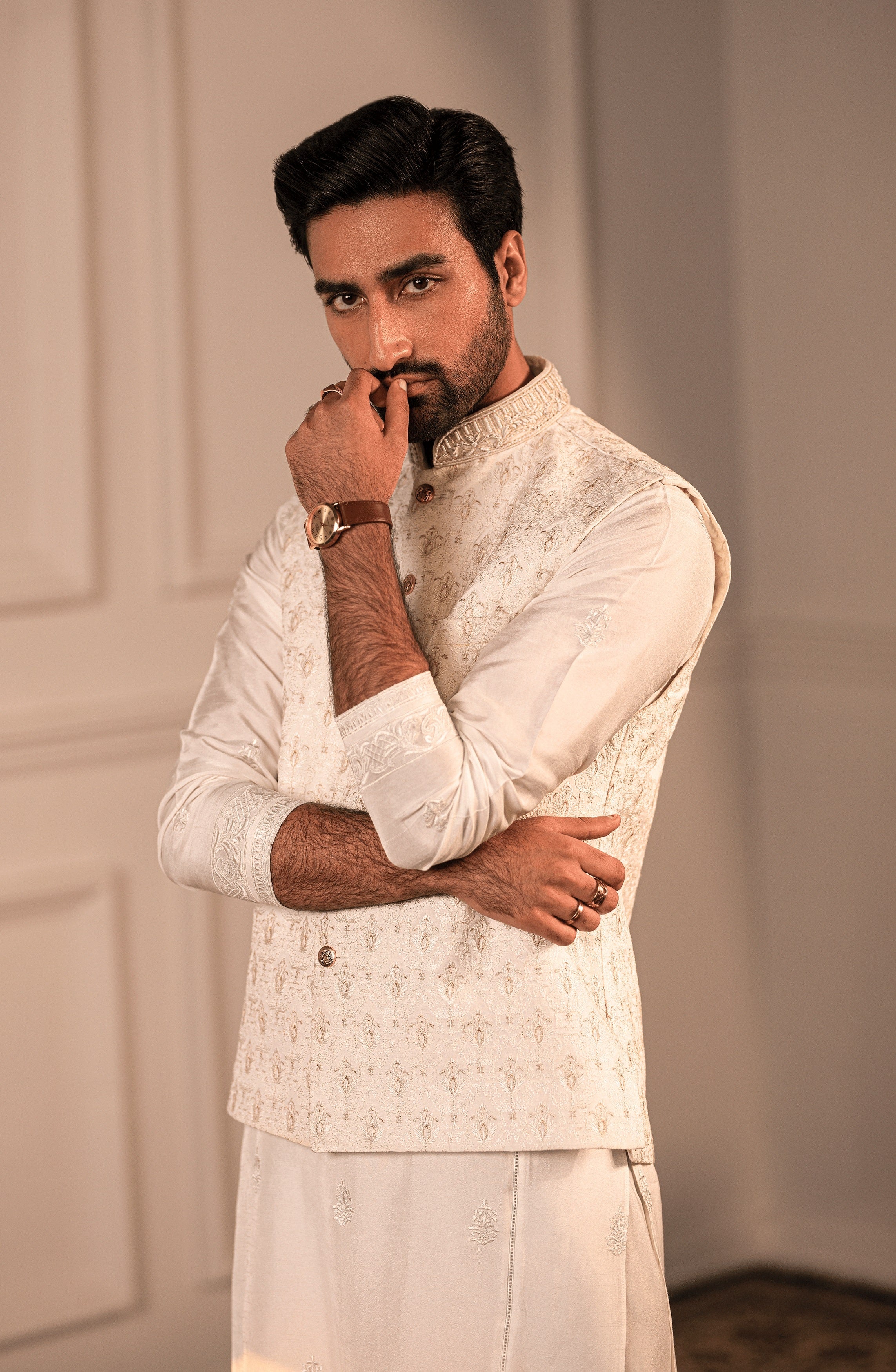 Ivory Embroidered Silk Waistcoat Kurta (3-Piece) - Image 1