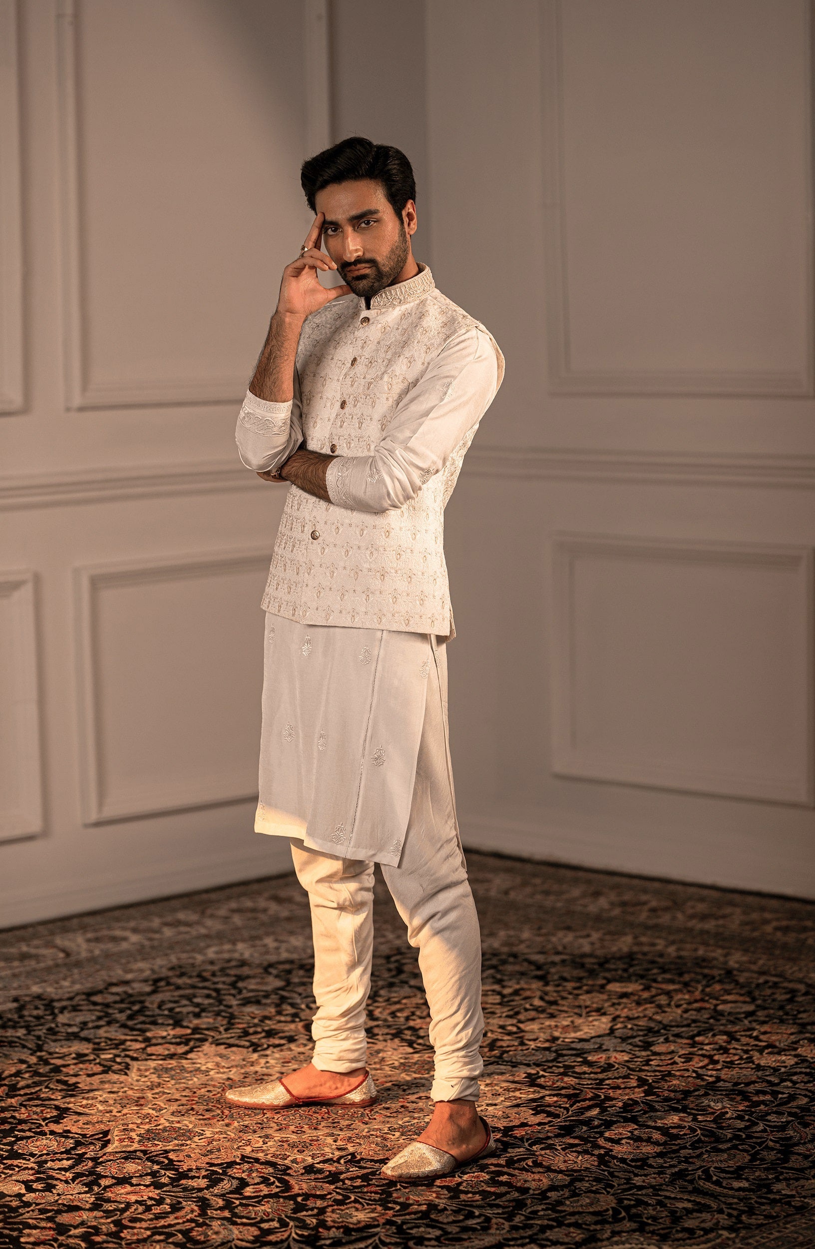 Ivory Embroidered Silk Waistcoat Kurta (3-Piece) - Image 2