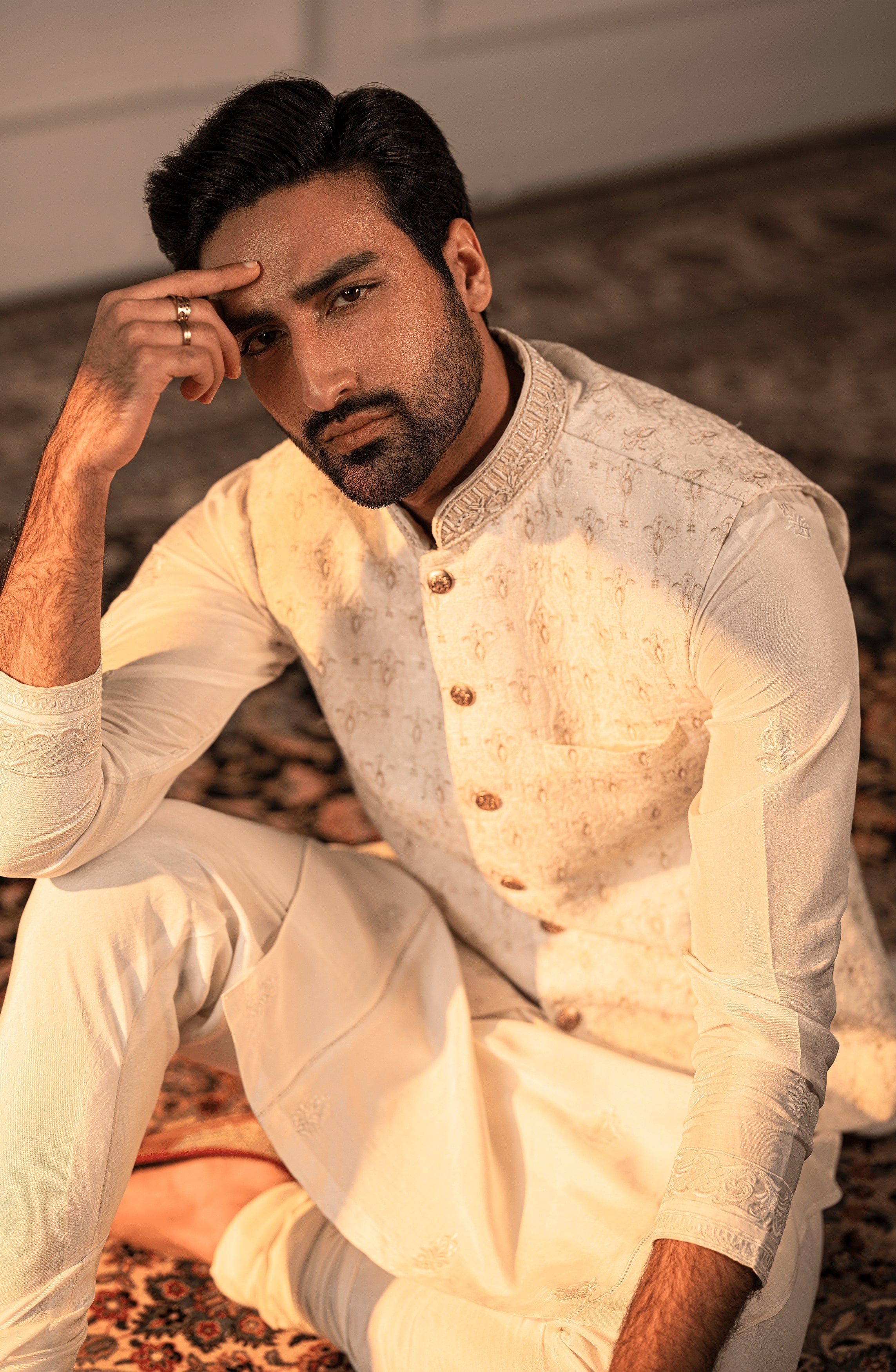 Ivory Embroidered Silk Waistcoat Kurta (3-Piece) - Image 3
