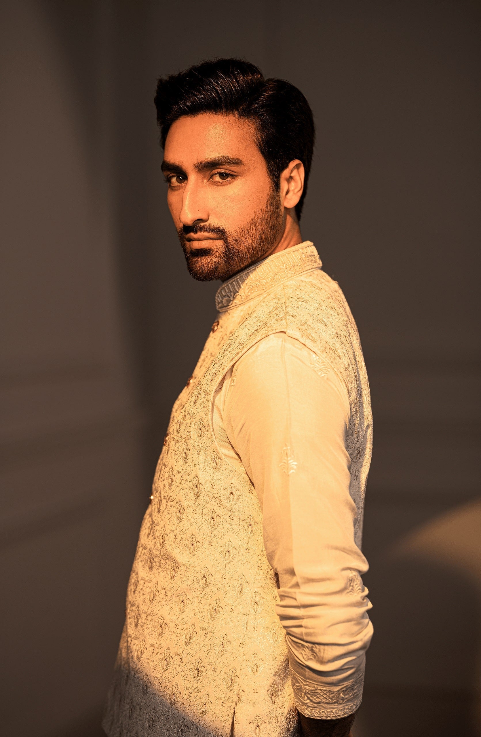 Ivory Embroidered Silk Waistcoat Kurta (3-Piece) - Image 6