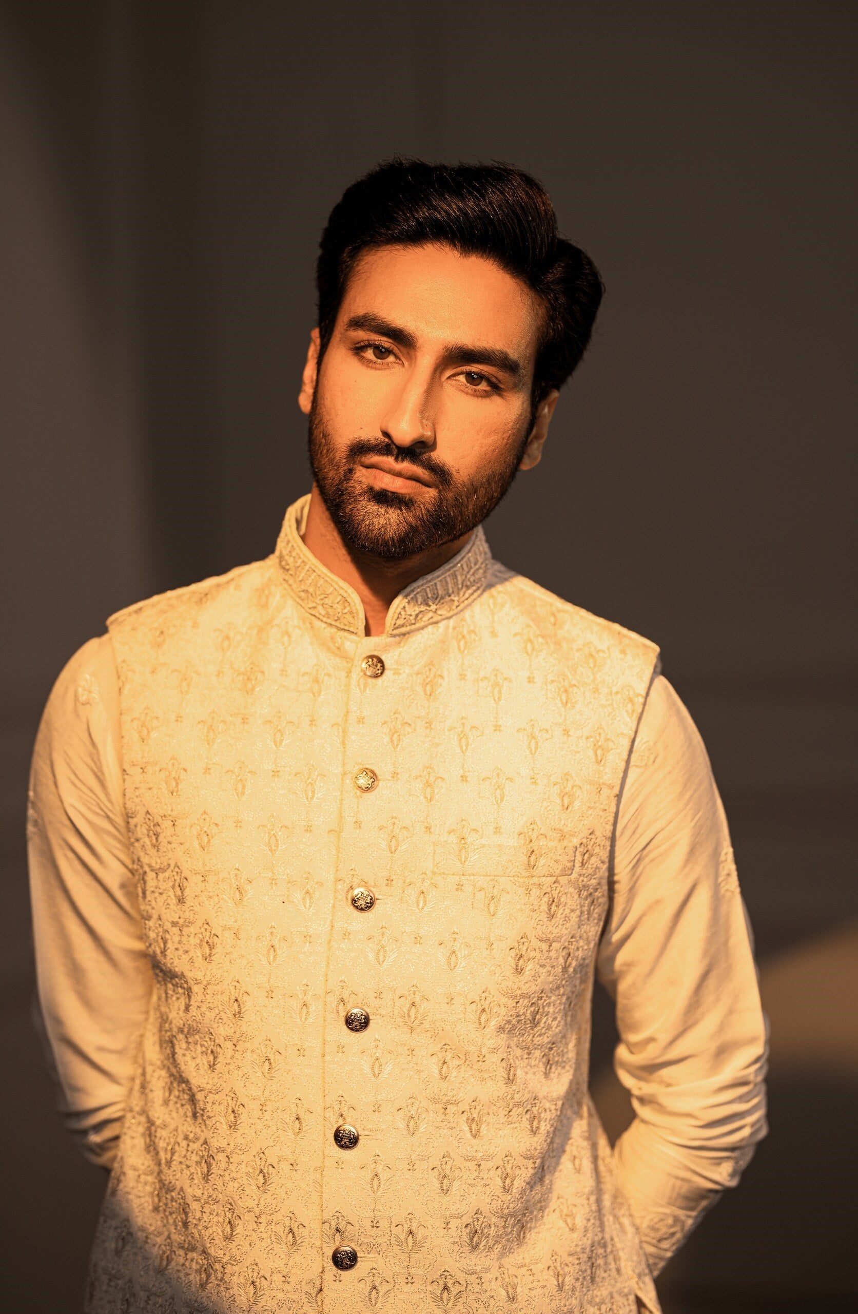 Ivory Embroidered Silk Waistcoat Kurta (3-Piece) - Image 7