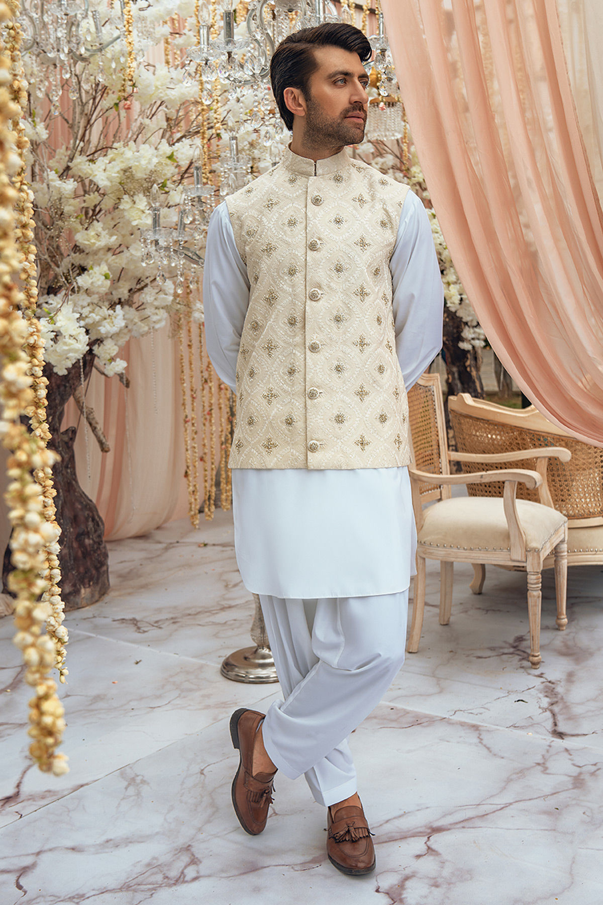 Ivory Zardozi Pure Silk Net Waistcoat Kurta (3-Piece) - Image 1