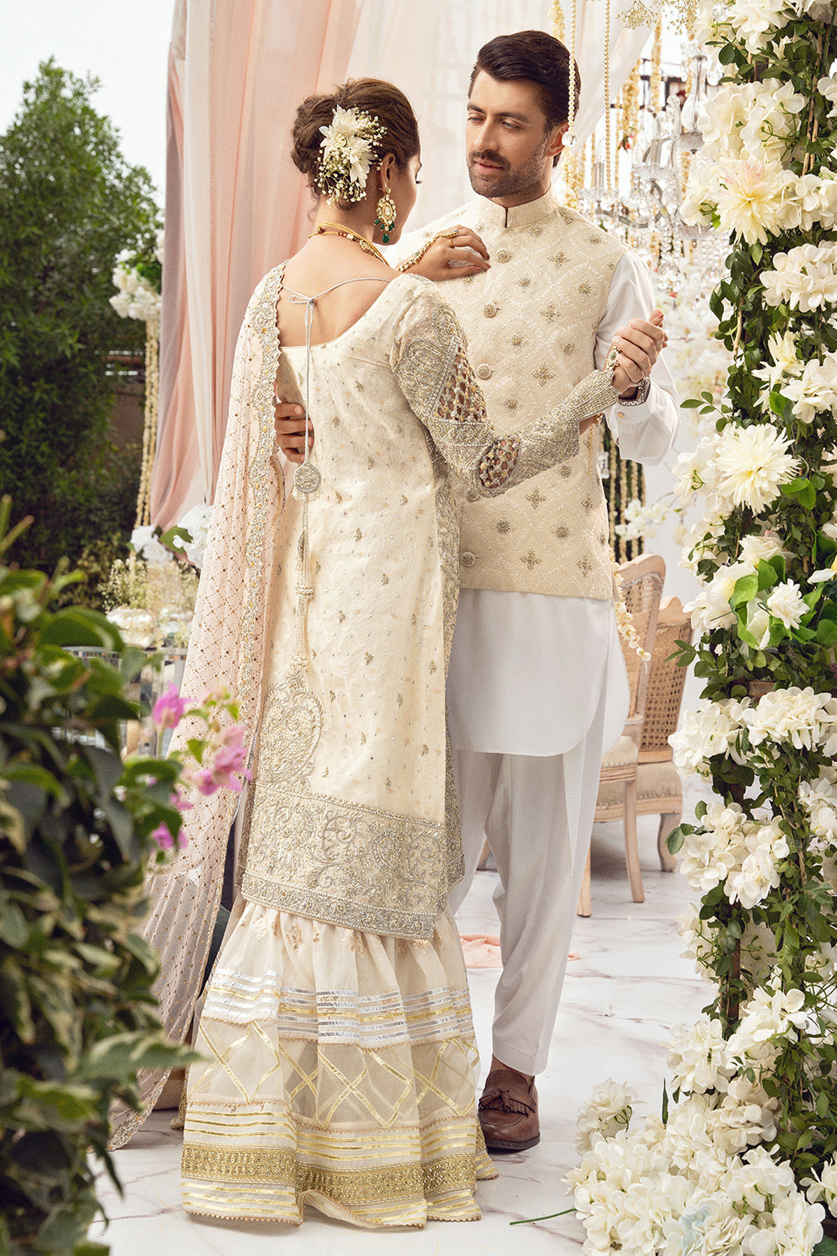 Ivory Zardozi Pure Silk Net Waistcoat Kurta (3-Piece) - Image 12