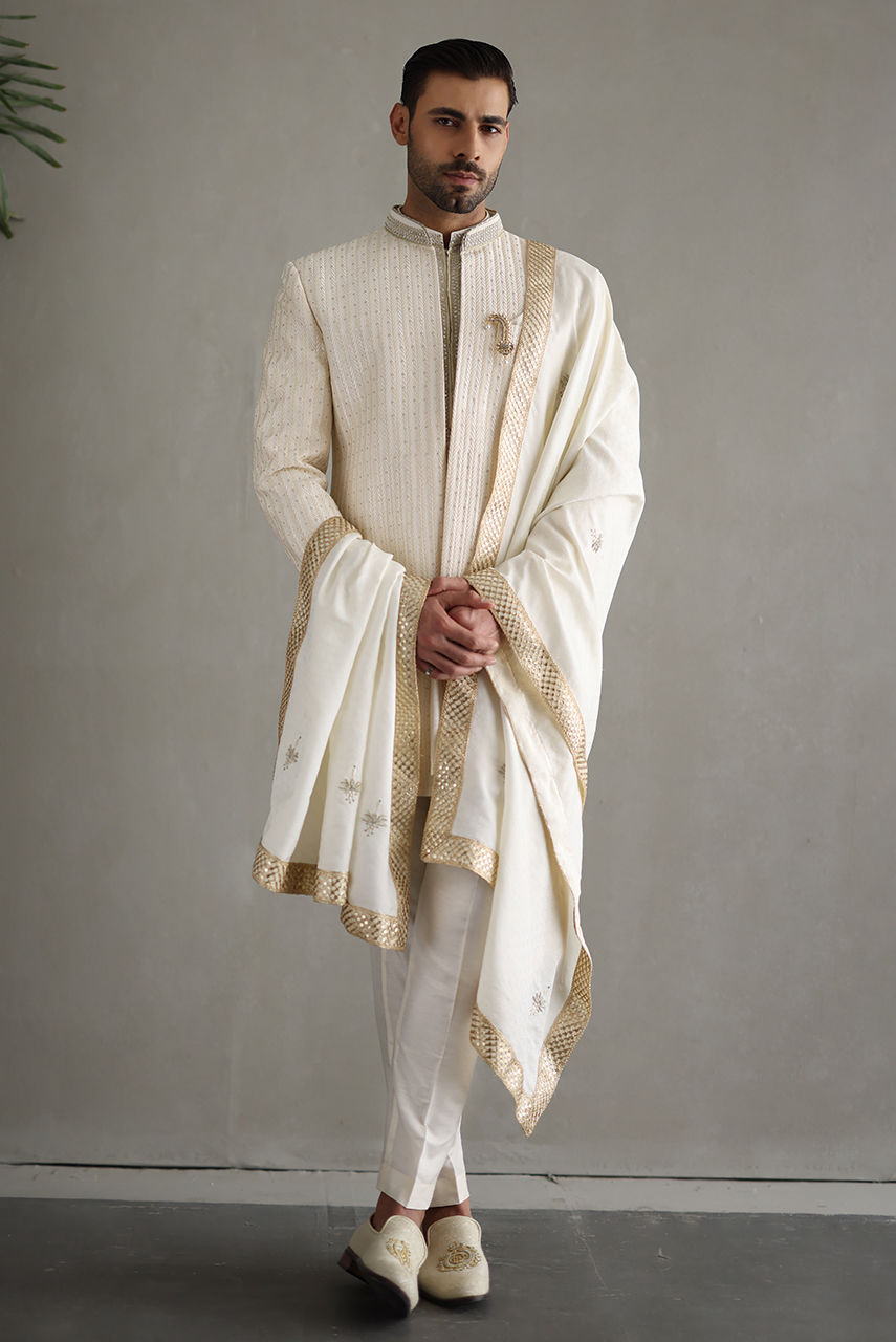Ivory Embroidered Silk Waistcoat Kurta (3-Piece) - Image 1