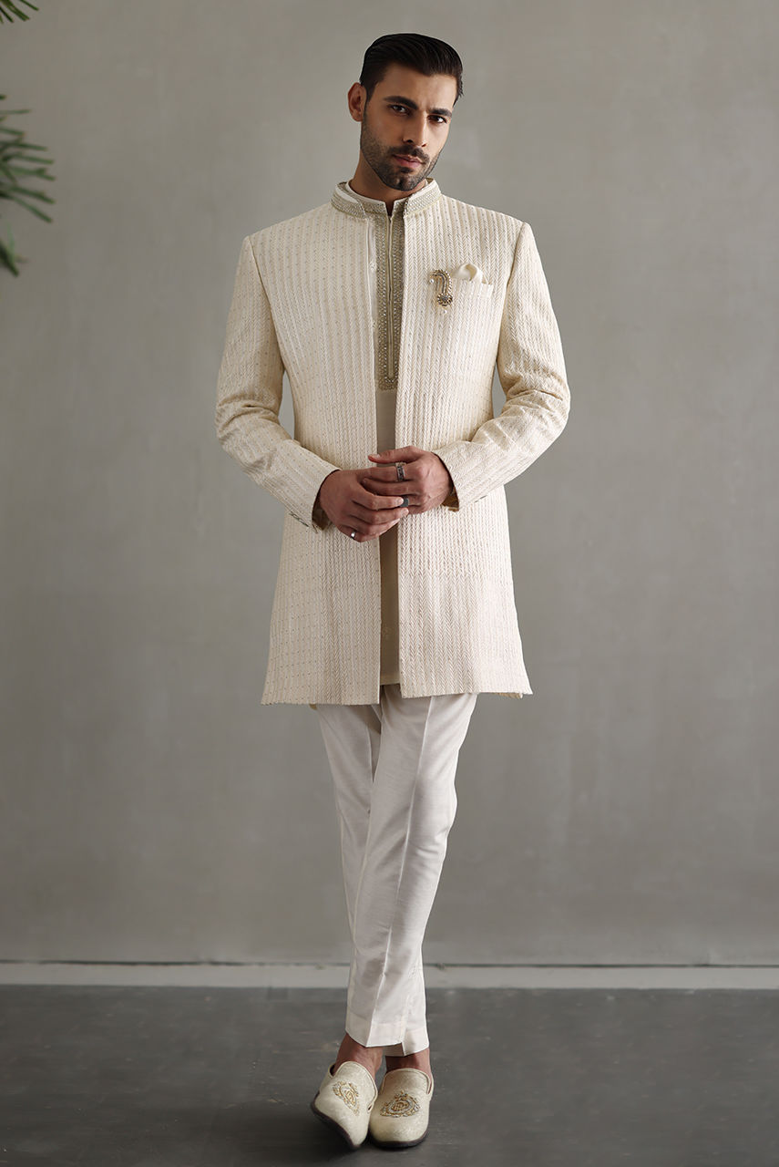 Ivory Embroidered Silk Waistcoat Kurta (3-Piece) - Image 3