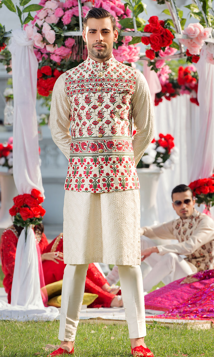 Ivory Printed Silk Waistcoat Kurta Set (3-Piece) - Image 1