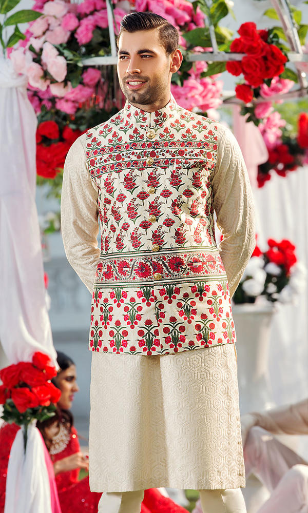 Ivory Printed Silk Waistcoat Kurta Set (3-Piece) - Image 3