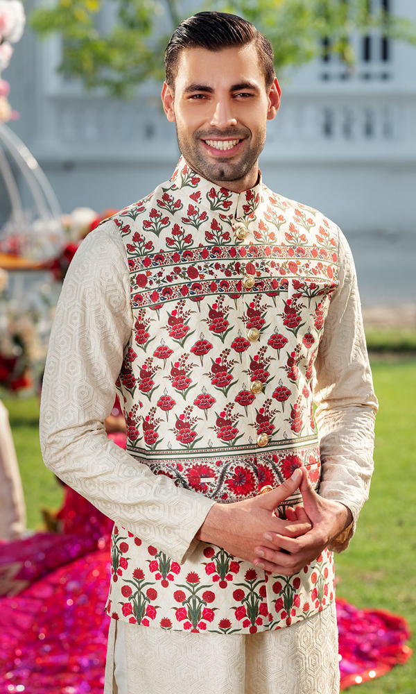 Ivory Printed Silk Waistcoat Kurta Set (3-Piece) - Image 4