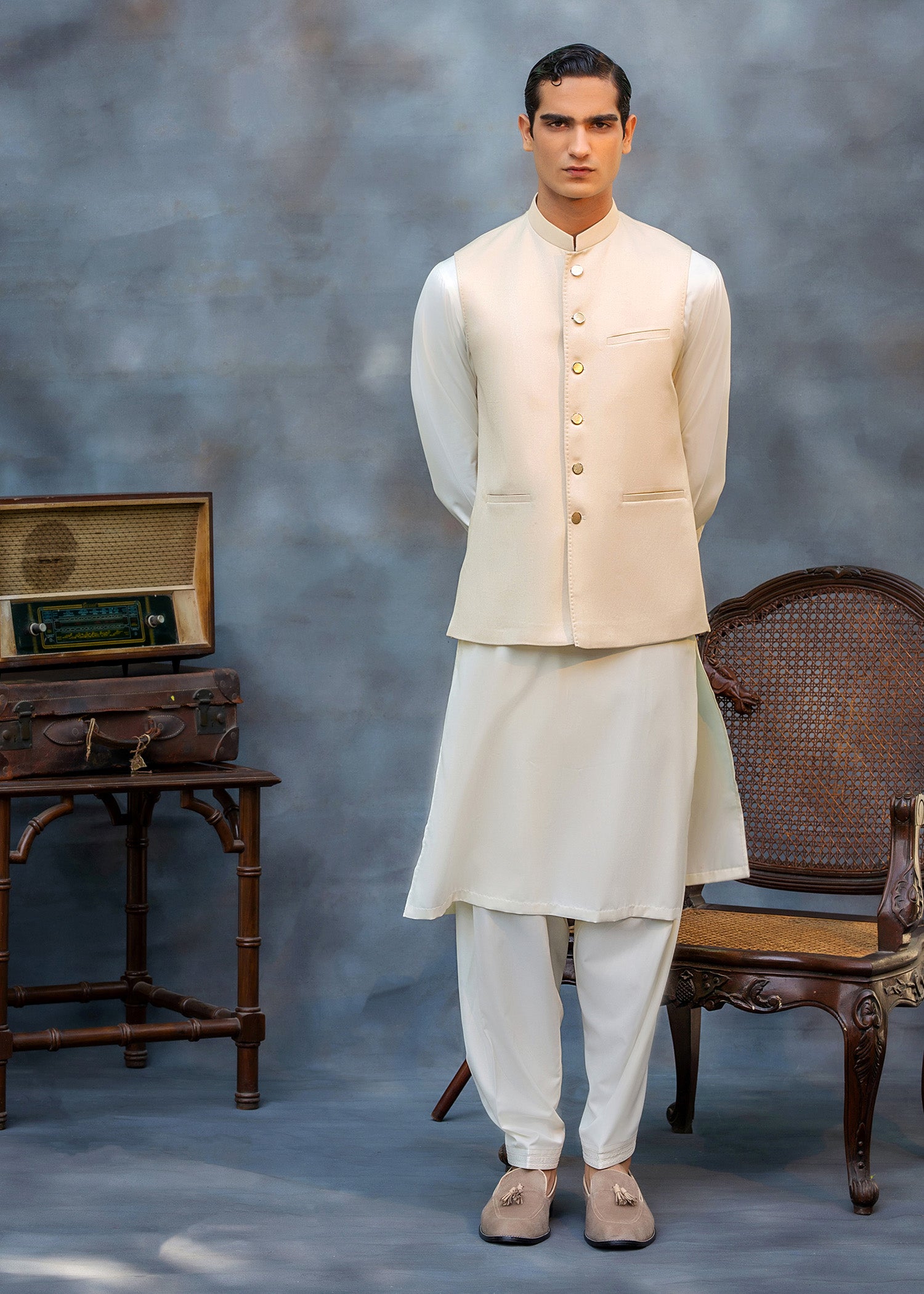 Boski Ivory Ari Work Premium Suiting Waistcoat Kurta (3-Piece) - Image 1