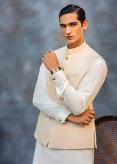 Boski Ivory Ari Work Premium Suiting Waistcoat Kurta (3-Piece) - Image 3