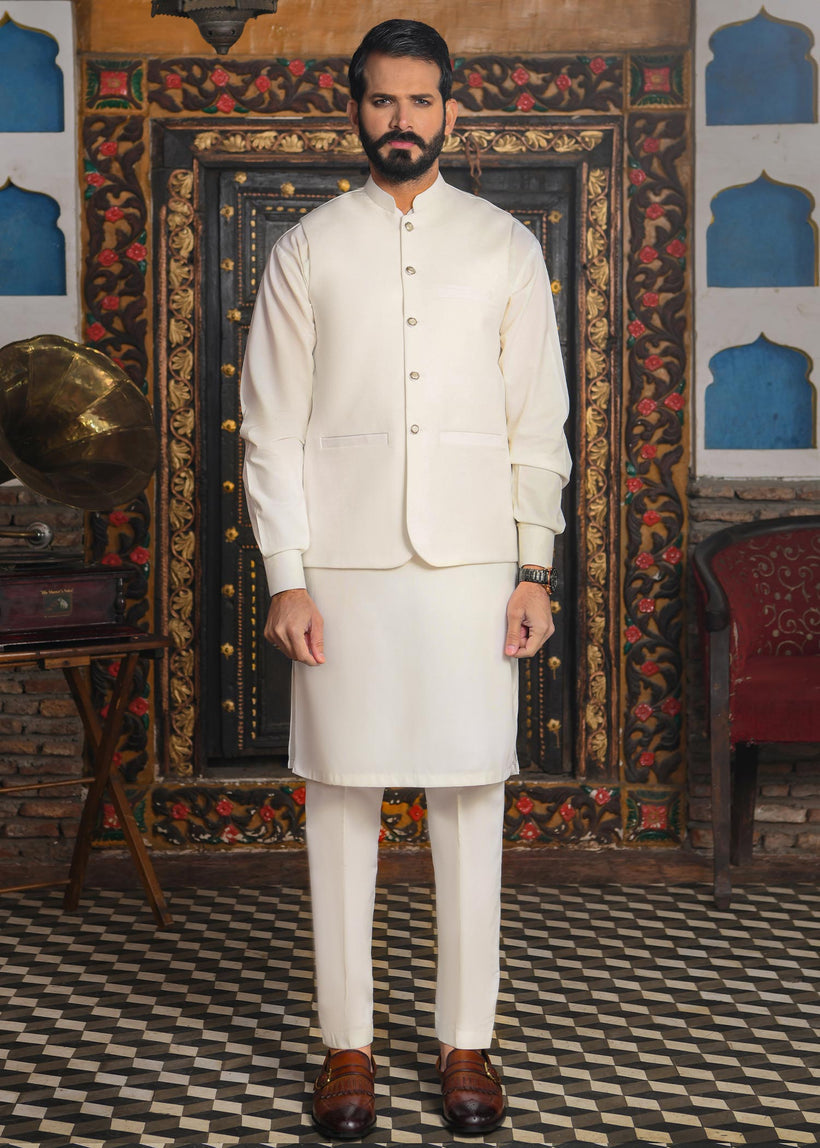 Off-White Blended Waistcoat Kurta 3-Piece - Image 1