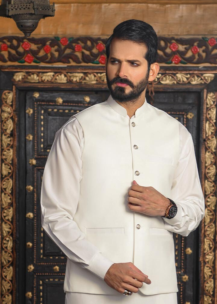 Off-White Blended Waistcoat Kurta 3-Piece - Image 2