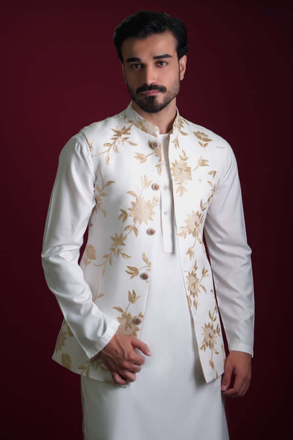 Off-White Gold Resham Waistcoat Kurta Pyjama (3-Piece) - Image 1