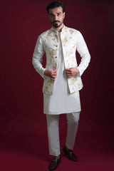 Off-White Gold Resham Waistcoat Kurta Pyjama (3-Piece) - Image 4