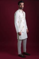 Off-White Gold Resham Waistcoat Kurta Pyjama (3-Piece) - Image 5