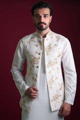 Off-White Gold Resham Waistcoat Kurta Pyjama (3-Piece) - Image 6
