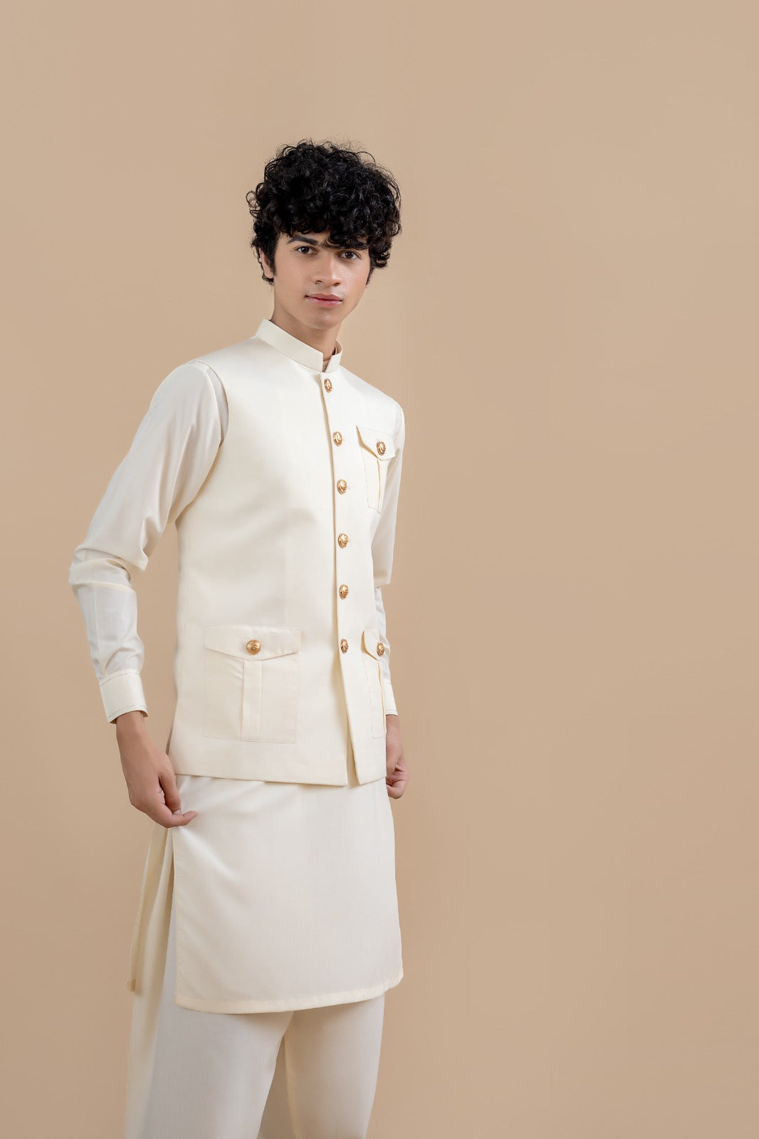 Cream Wash & Wear Waistcoat Kurta Set (3-Piece) - Image 1