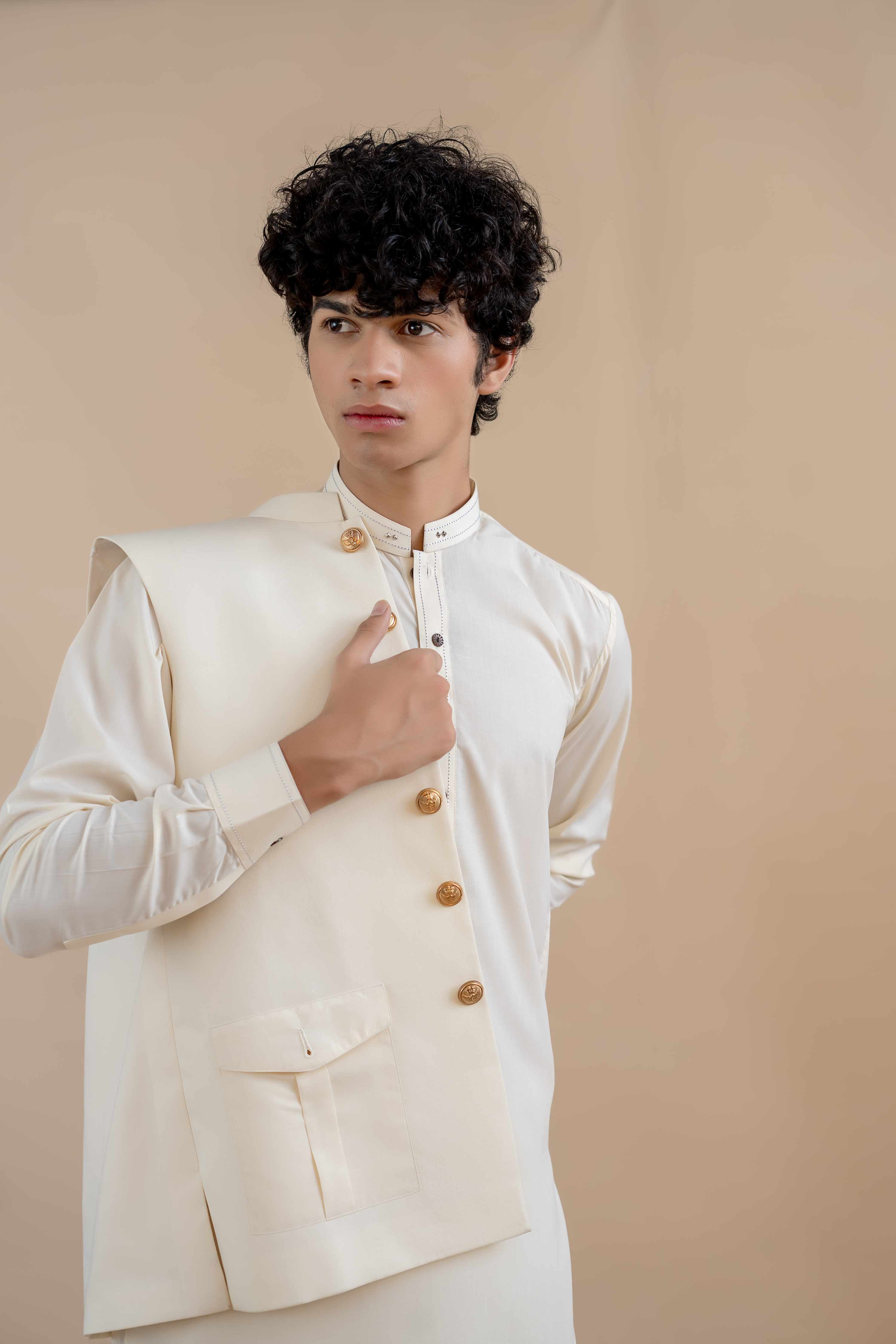 Cream Wash & Wear Waistcoat Kurta Set (3-Piece) - Image 2