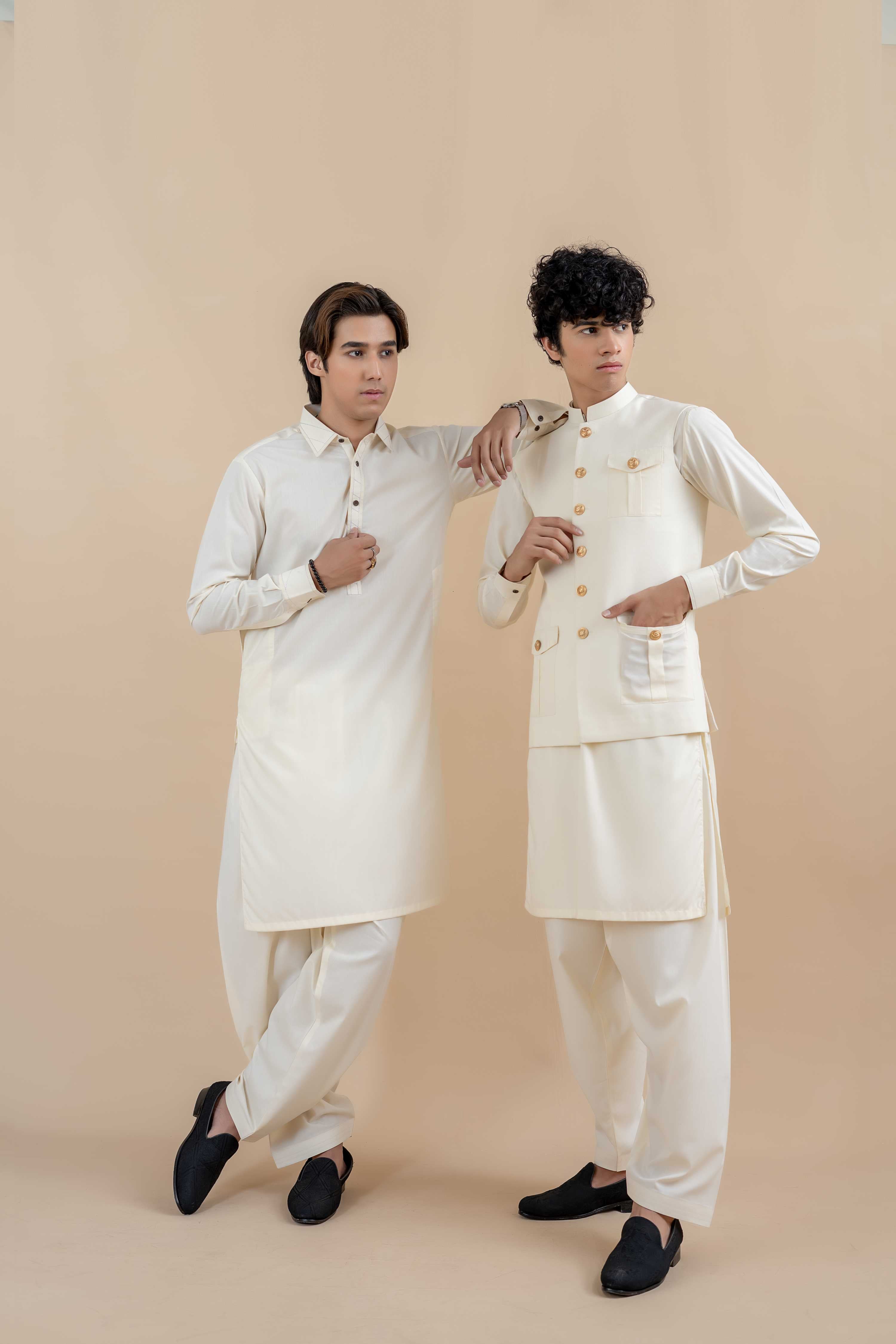 Cream Wash & Wear Waistcoat Kurta Set (3-Piece) - Image 3
