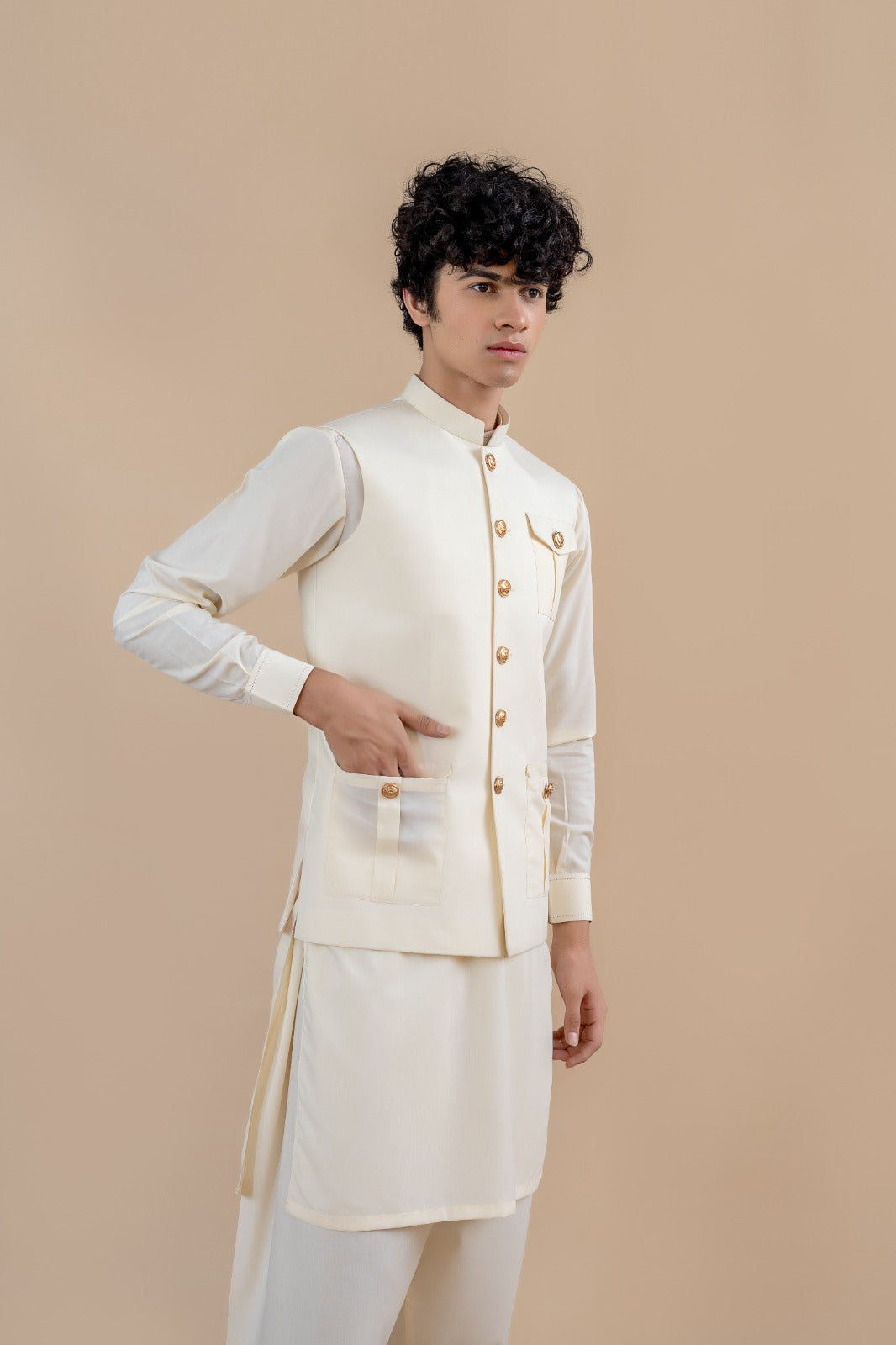 Cream Wash & Wear Waistcoat Kurta Set (3-Piece) - Image 4