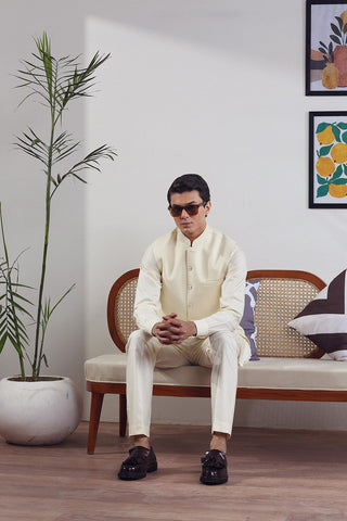 Off-White Wool Blend Waistcoat Kurta (3-Piece) - Image 2