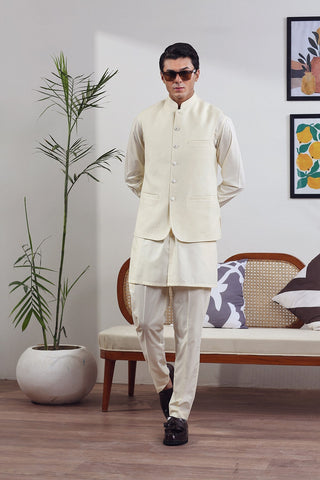 Off-White Wool Blend Waistcoat Kurta (3-Piece) - Image 3