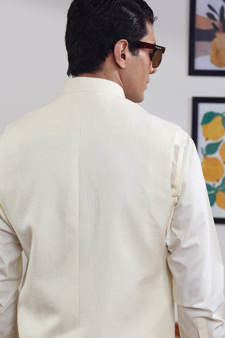 Off-White Wool Blend Waistcoat Kurta (3-Piece) - Image 5