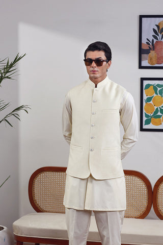 Off-White Wool Blend Waistcoat Kurta (3-Piece) - Image 7