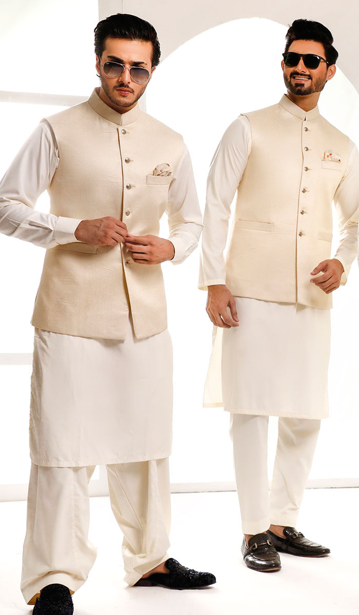 Antique White Textured Silk-Blend Waistcoat (1-Pc) - Image 1