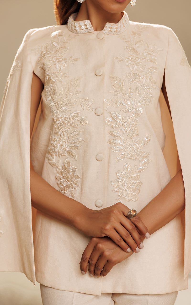 Ivory Embroidered Chanderi Cape Dress (2-Piece) - Image 2