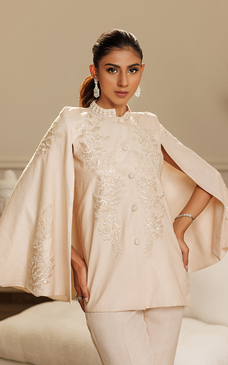 Ivory Embroidered Chanderi Cape Dress (2-Piece) - Image 3