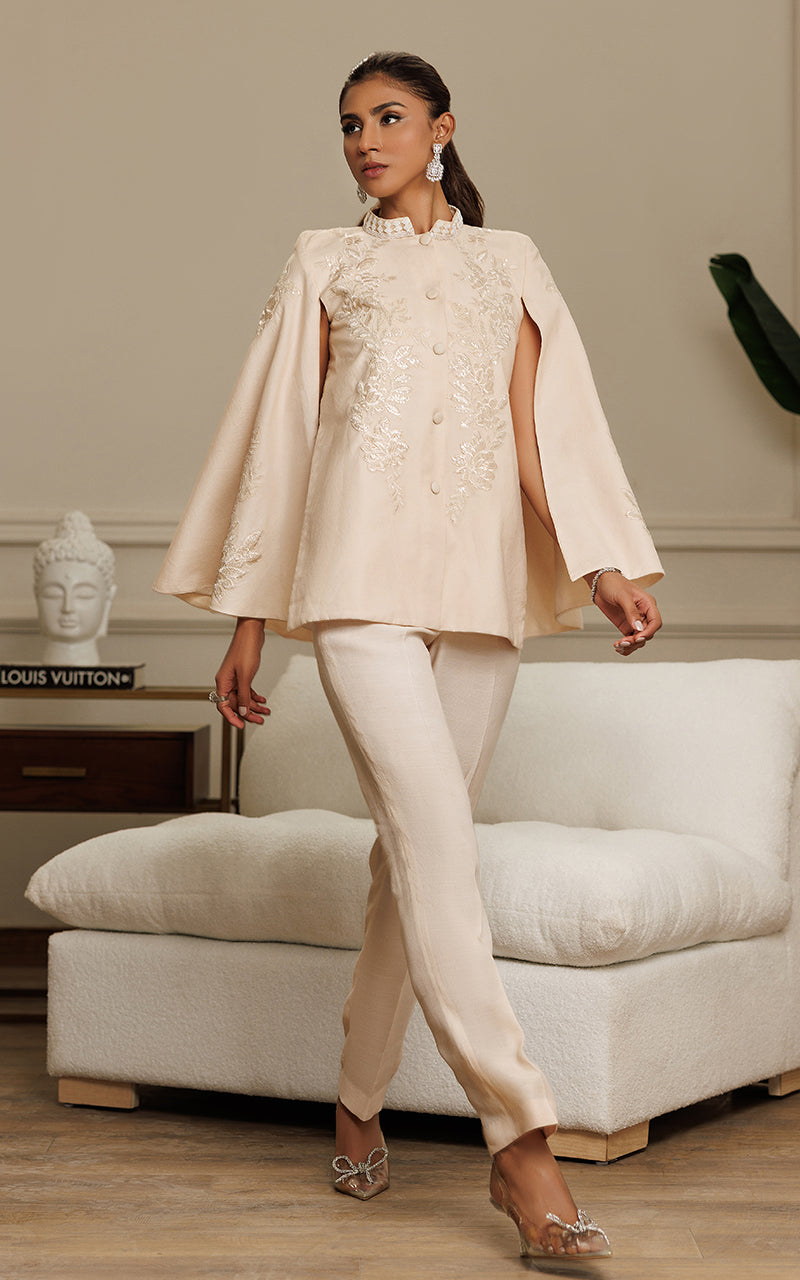 Ivory Embroidered Chanderi Cape Dress (2-Piece) - Image 4