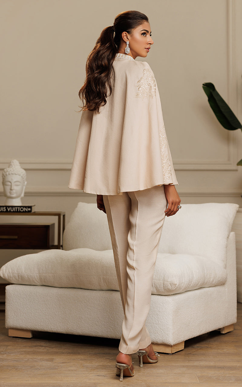 Ivory Embroidered Chanderi Cape Dress (2-Piece) - Image 6