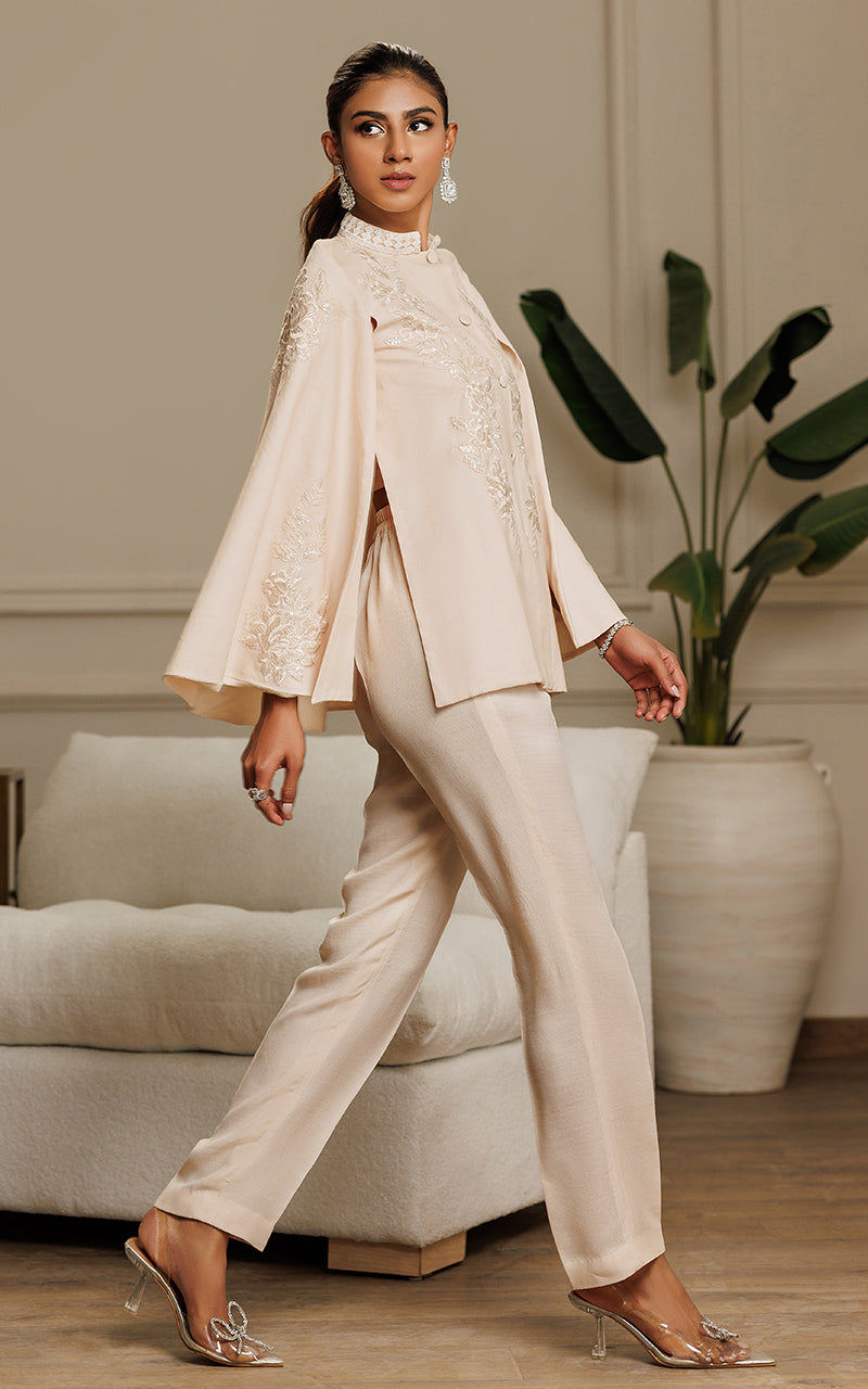 Ivory Embroidered Chanderi Cape Dress (2-Piece) - Image 7