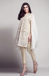 Pakistani Ivory White Burnout Raw Silk & Net Cape Dress (3-Piece) - Image 3