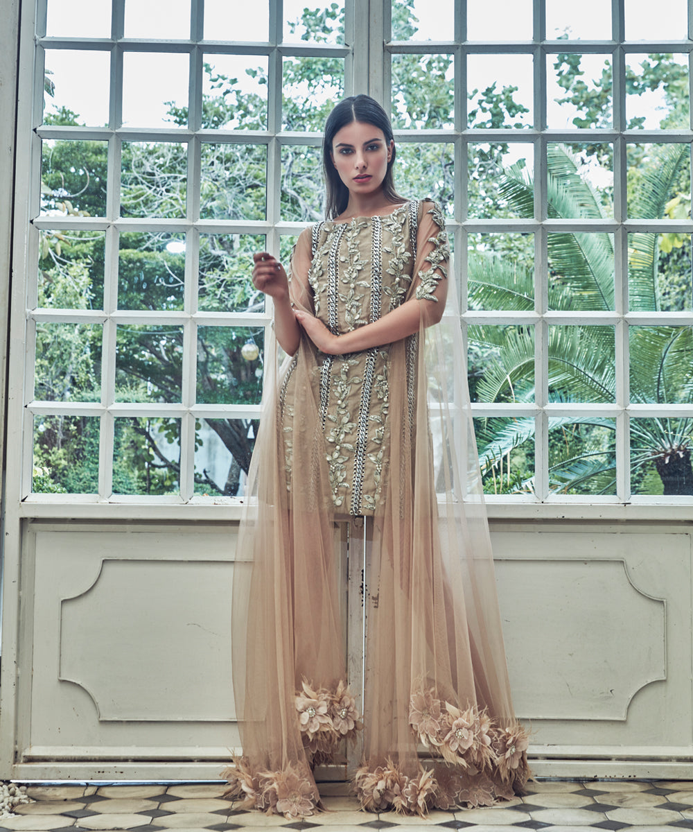 Pakistani Pastel Hand-Embellished Silk-Blend Cape Dress (1-Pc) - Image 1