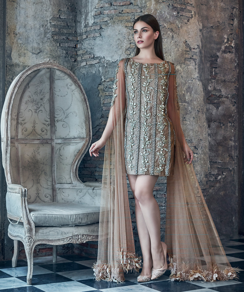 Pakistani Pastel Hand-Embellished Silk-Blend Cape Dress (1-Pc) - Image 2