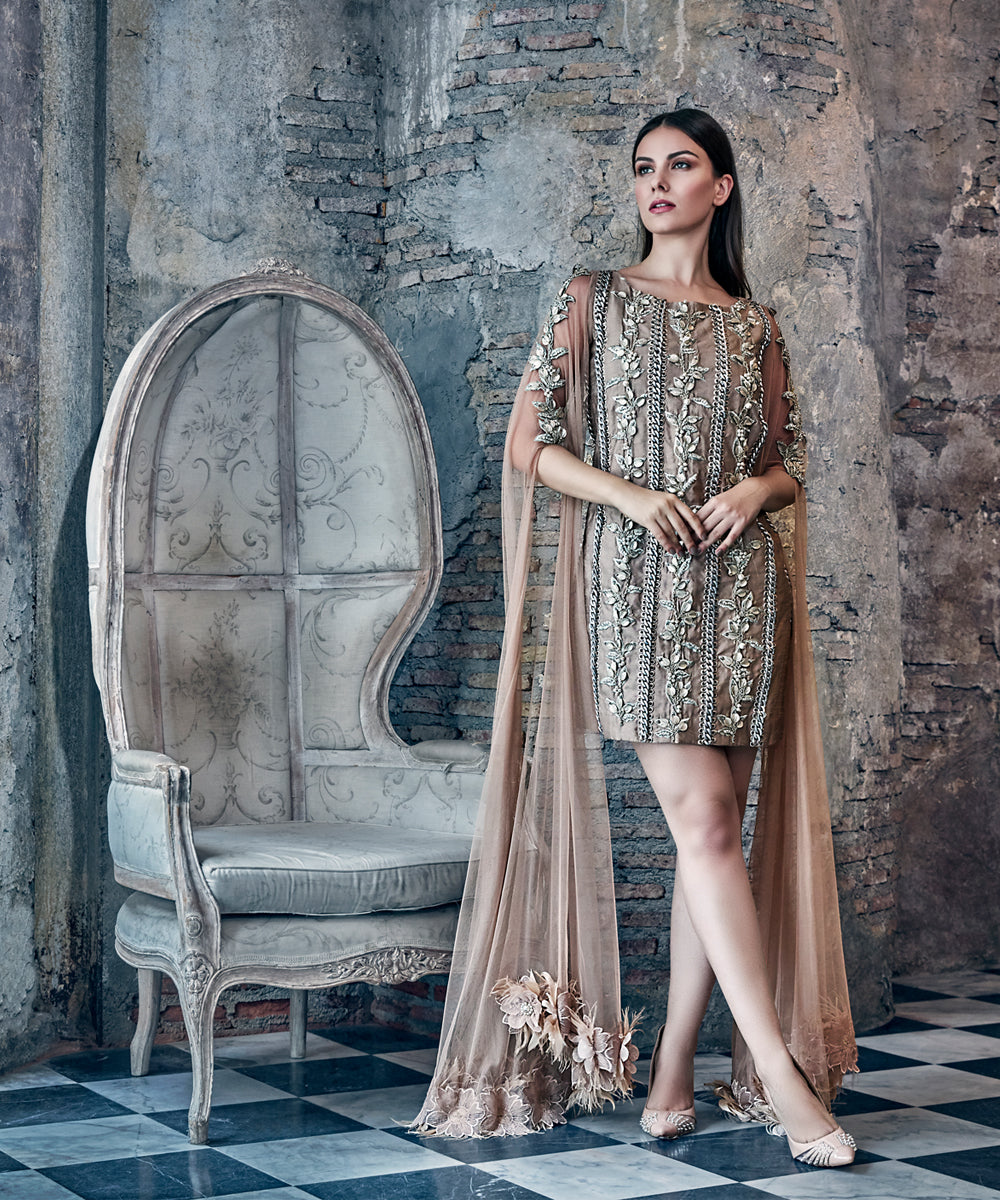 Pakistani Pastel Hand-Embellished Silk-Blend Cape Dress (1-Pc) - Image 3