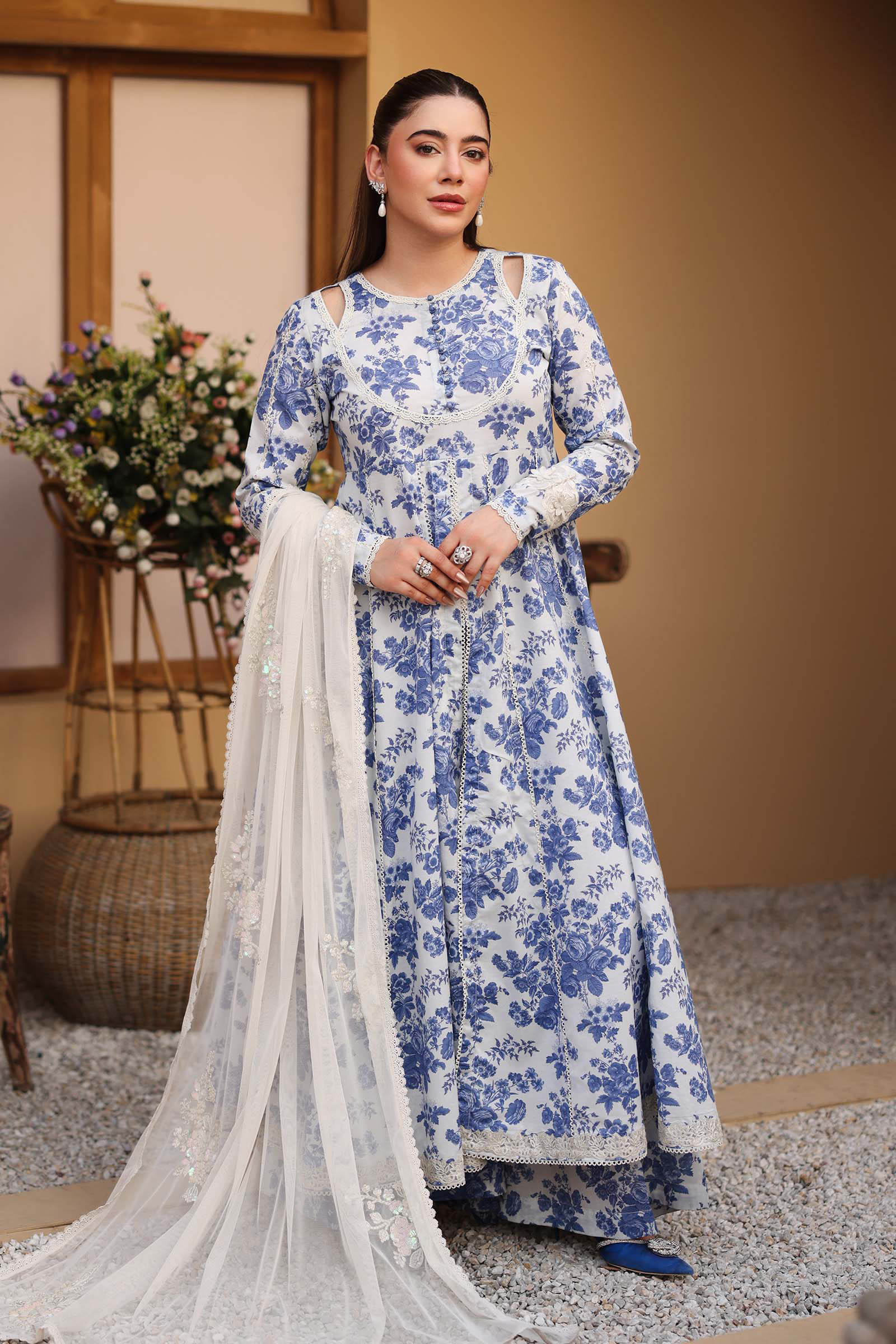 Off-White & Blue Embroidered Lawn Frock (3-Piece) - Image 1